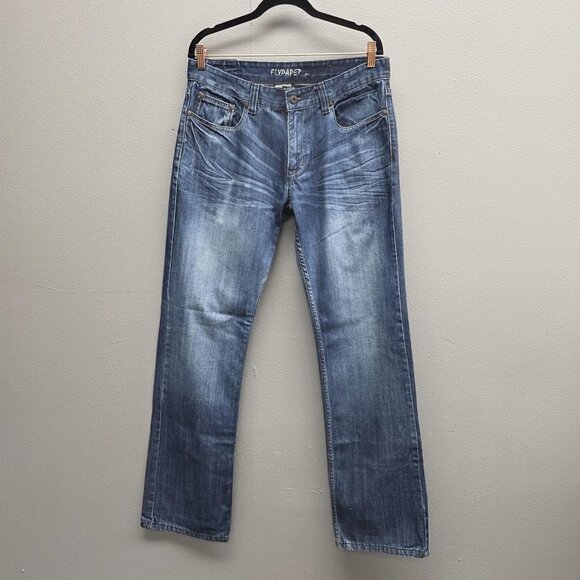 Flypaper Jeans Mens 34x32 Blue Straight Leg Distressed Denim Casual Pants - Picture 1 of 11